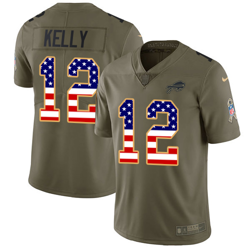 Nike Bills #12 Jim Kelly Olive/USA Flag Men's Stitched NFL Limited Salute To Service Jersey
